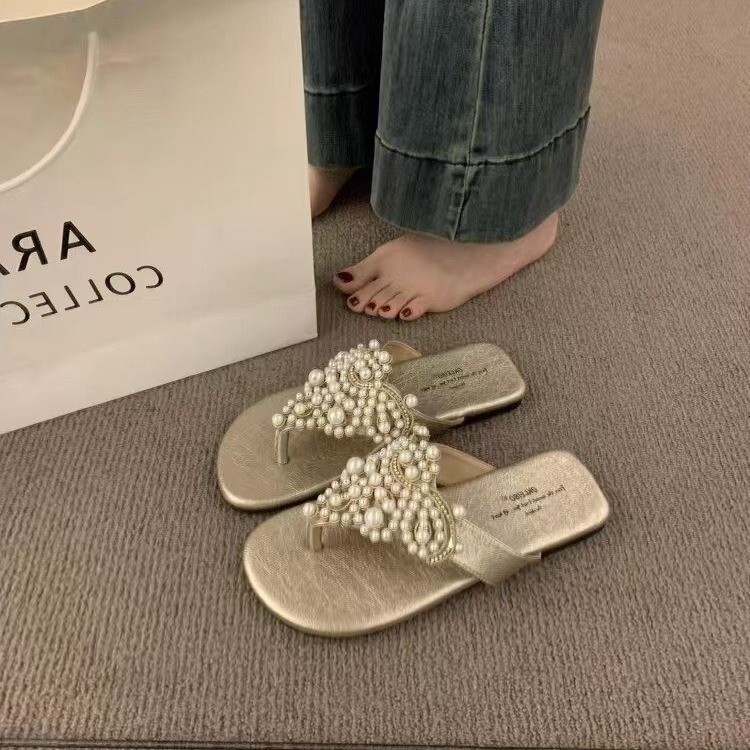 Fairy style shoes, women's summer outdoor sandals, new retro bohemian flip flops, pearl beach women's sandals, designer sandals