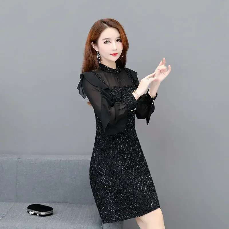 Spring Autumn Woman Long Sleeve Dress Chiffon Ruffle A Line Dresses for Women Aesthetic Elastic One Pieces Harajuku Casual Youth