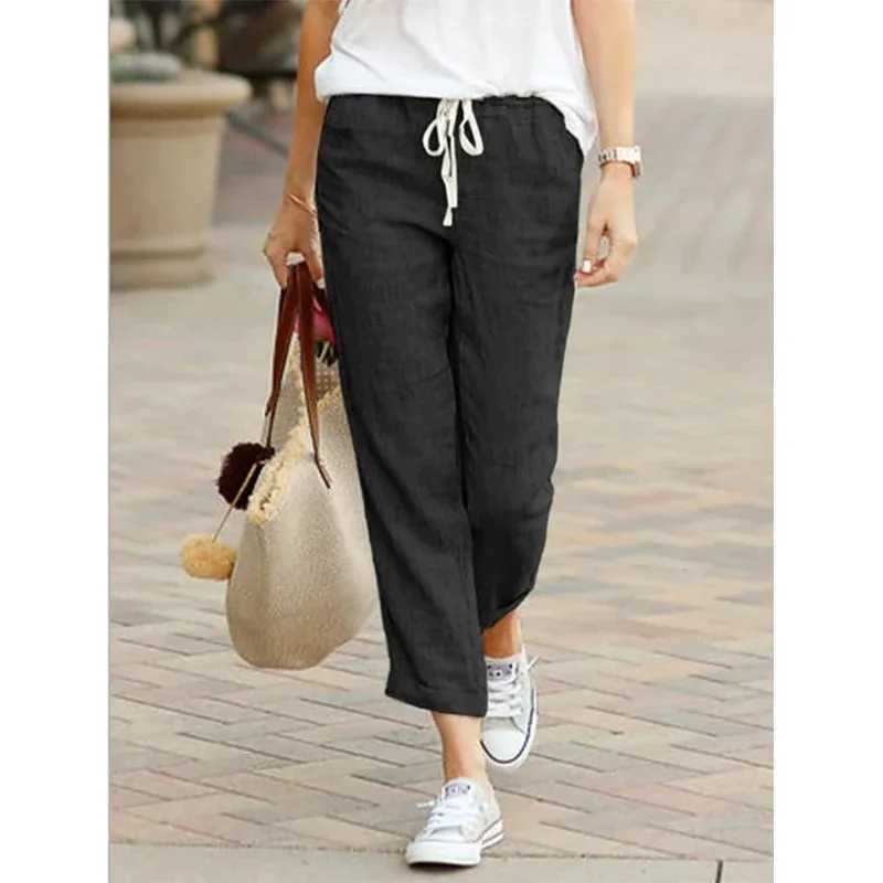 Autumn Cotton Womens Pants Y2K Black Drstring Elastic Waist Casual Pants Fe Loose Fashion Ele Ladies BottomXJ250616