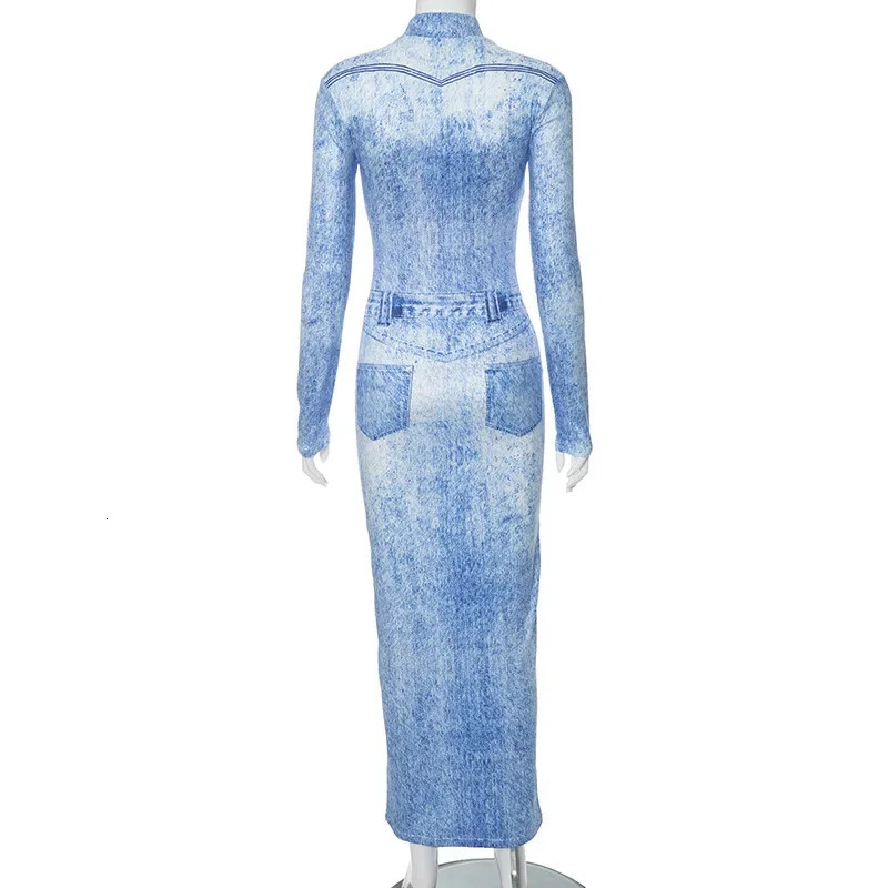 Women Long Sleeve Oneck Jean 3d Printed Bodycon Midi Maxi Dress 2023 Sexy Clubwear Evening Party Dresses Vestidos 250616