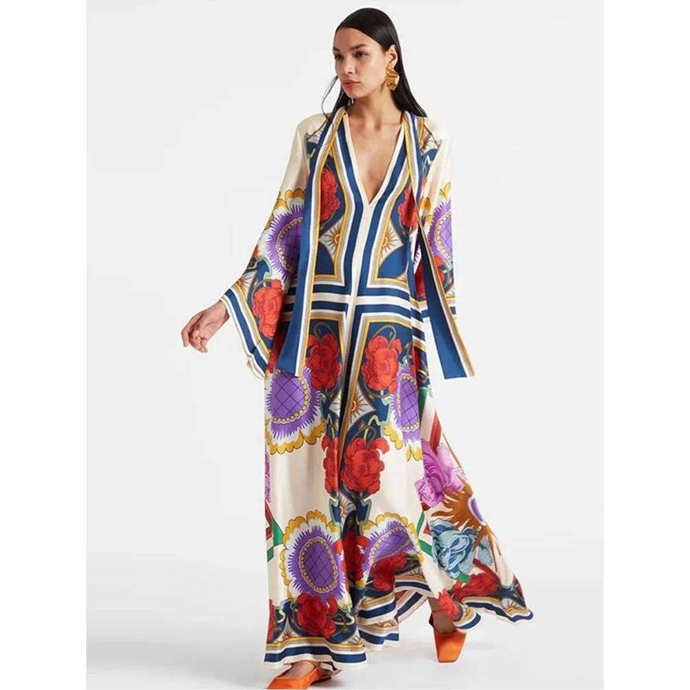 Casual Flower Printed Lace Up Women Dress V-neck Flare Sleeve Loose Female Maxi Dresses 2024 Spring Summer New Chic Lady Robe