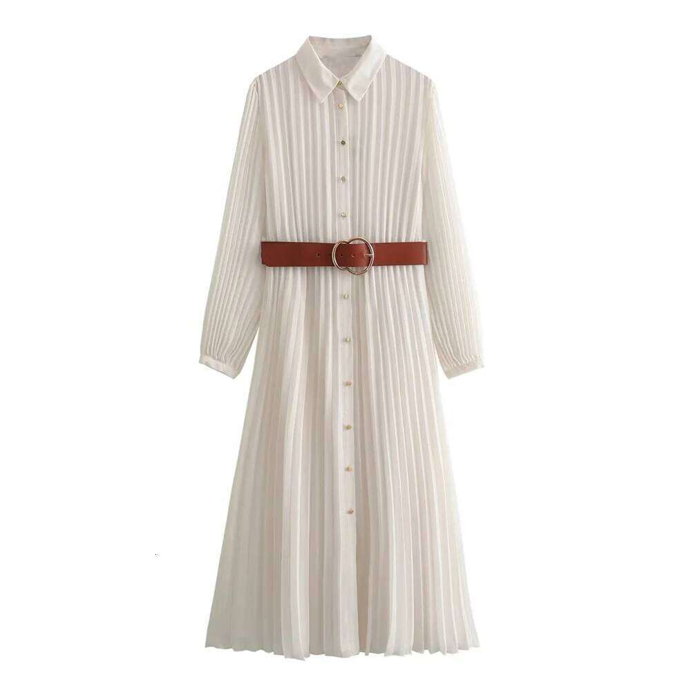 2025 Spring New Product Women's Fashion Casual Slimming Flip Collar Long Sleeves With Belt Midi Pleated Dress
