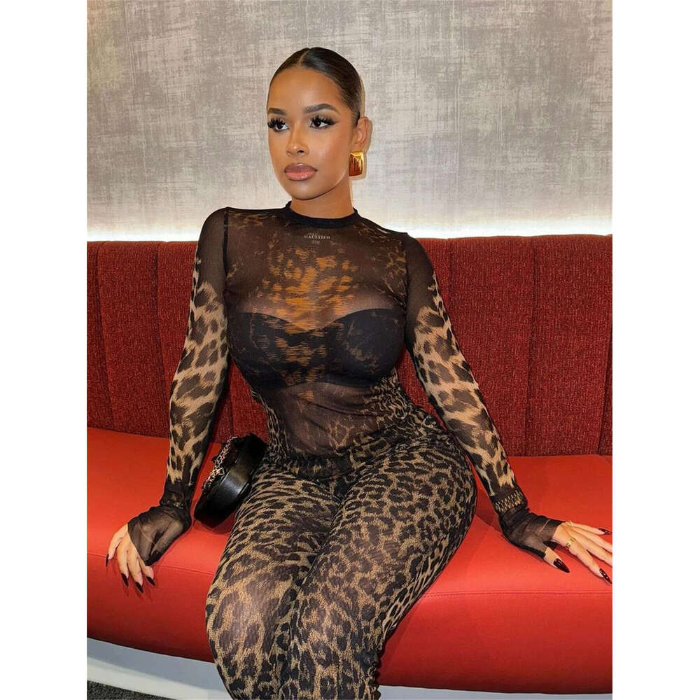 Summer New Mesh See-Through Sexy Hot Girl Sleeve Top And Long Pants Leopard Print Set B5