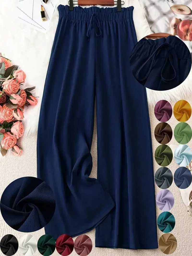 Plus Size 1XL-5XL Women Fashion Solid Color Wide Leg Pants Fe Casual Ele Drstring High Waisted Loose Long TrousersXJ250616