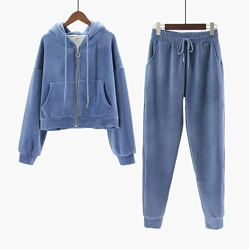 Women Velvet Tracksuit Zipper Hooded Sweatshirt and Sweatpants Solid Color 2 Piece Set Autumn Winter Warm Casual Female Suit 250614