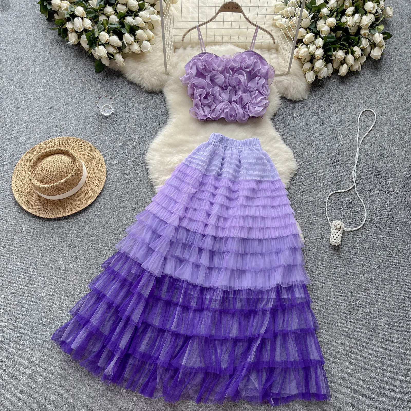 Women Mesh Sheer Bikini Coverups Set Camis Crop Tops and Cake Ruffles Long Skirts Two Piece Swimwear Beach Dresses 250609