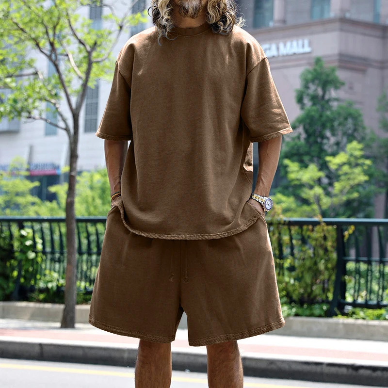 Summer Mens Set Japanese Style Plus Size Casual Loose Sports Suit Short Sleeve Tshirt Shorts Twopiece Clothing 250612