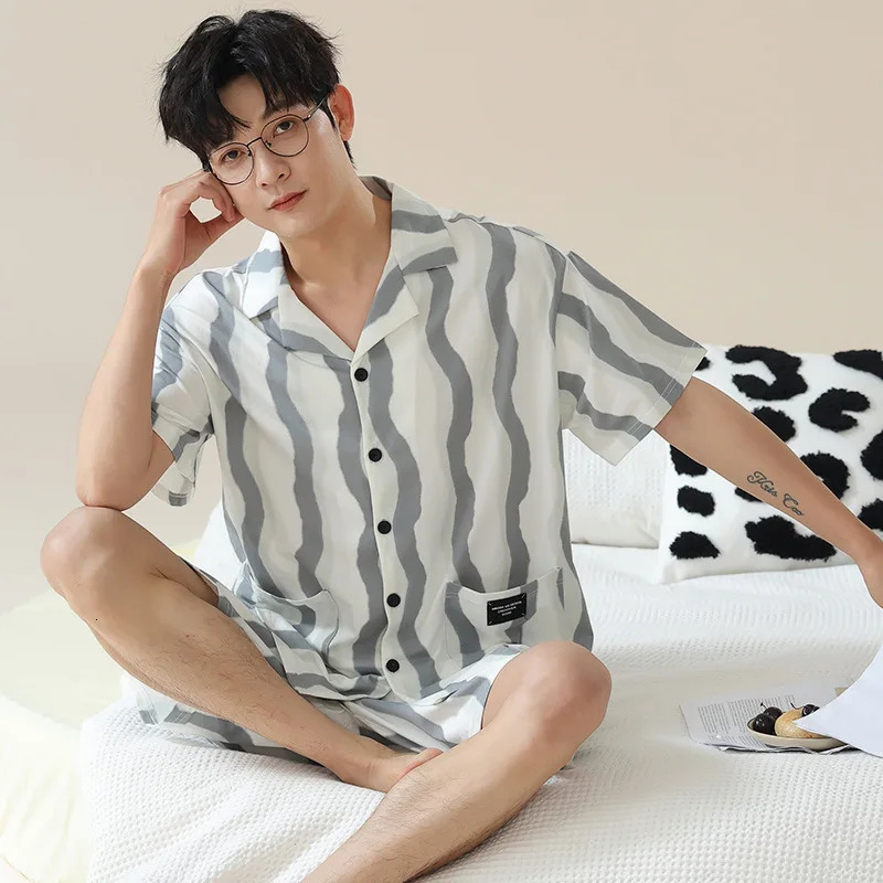 Modal Pajamas Mens Spring and Summer Shortsleeved Cardigan Simple Casual Can Be Worn Loose Youth Loungewear Suit 250614