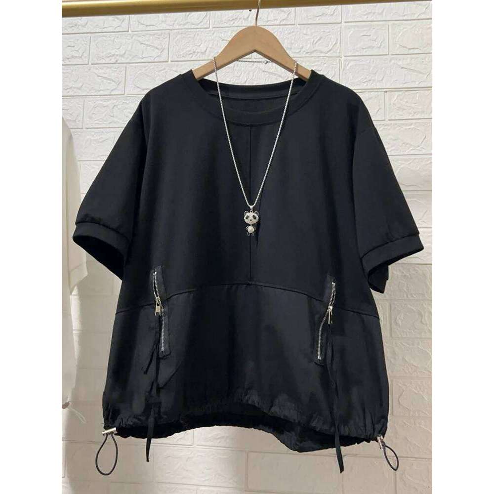 EAM Women Orange Spliced Big Size T-Shirt New Round Neck Short Sleeve Zipper Pockets Fashion Tide Spring Summer 2025 30A3550