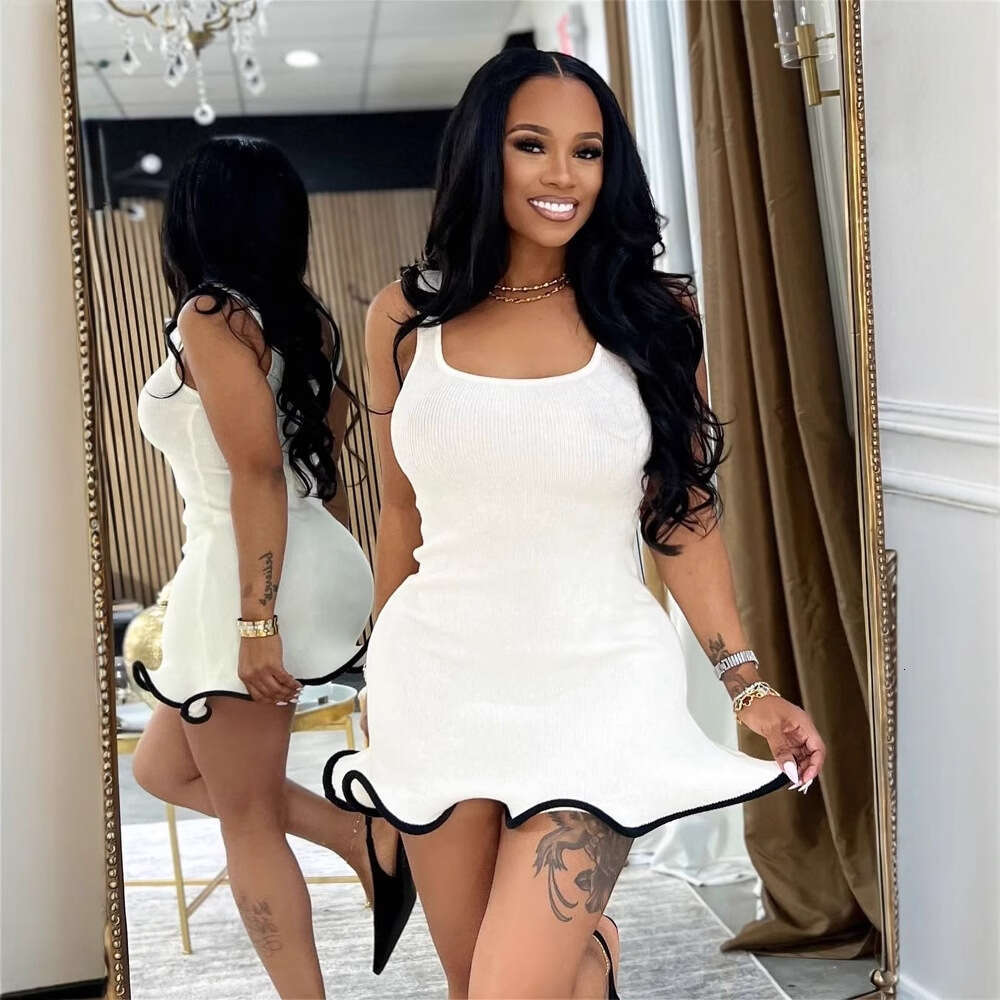 New Fashion Elastic Solid Color Elegant U-Neck Lace Irregular Strap Short Dress B5