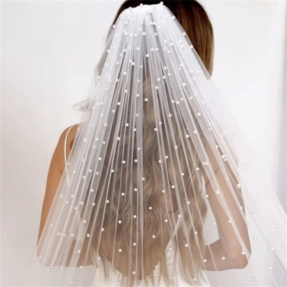 Pearls Bridal Veil Soft 1 Tier Beaded Wedding Veil for Bride Cathedral Length with Comb Wedding Accessories 250610