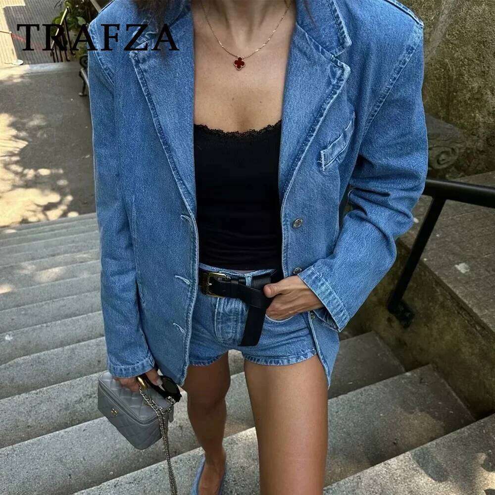 TRAFZA 2024 Spring Summer Casual Women Denim Fashion Vintage Solid Shrug Loose Single Breasted Chic Ladies Blazers