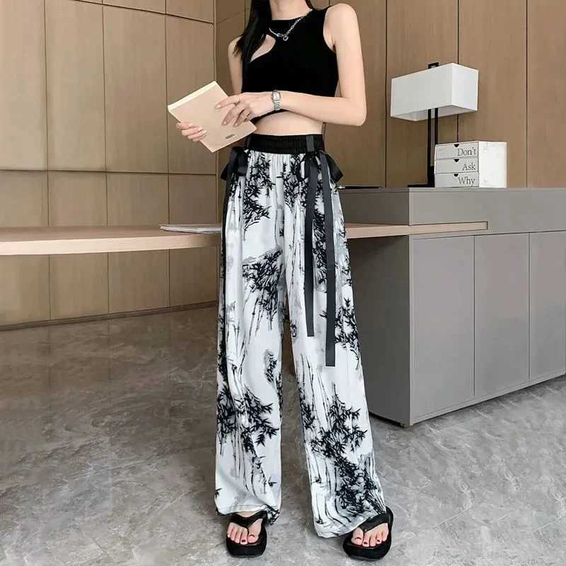 Womens Thin Casual Ice Silk Chiffon Wide Leg Pants 2025 Summer New Style Strap Drop Straight Tube Floor Trousers Korean WomenXJ250616