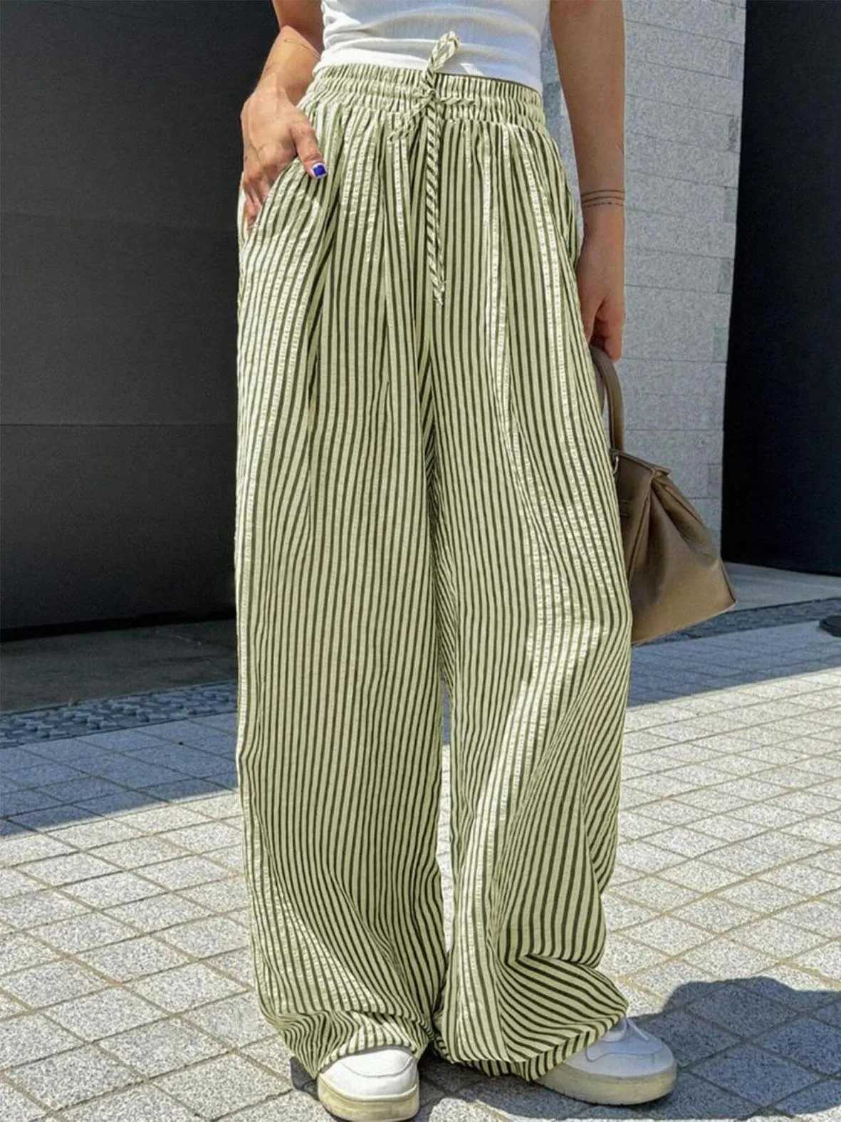 2024 Womens Striped Straight Leg Pants Relaxed Fit Casual Lounge Trousers Versatile All Season Elastic Waist Comfort XJ250616