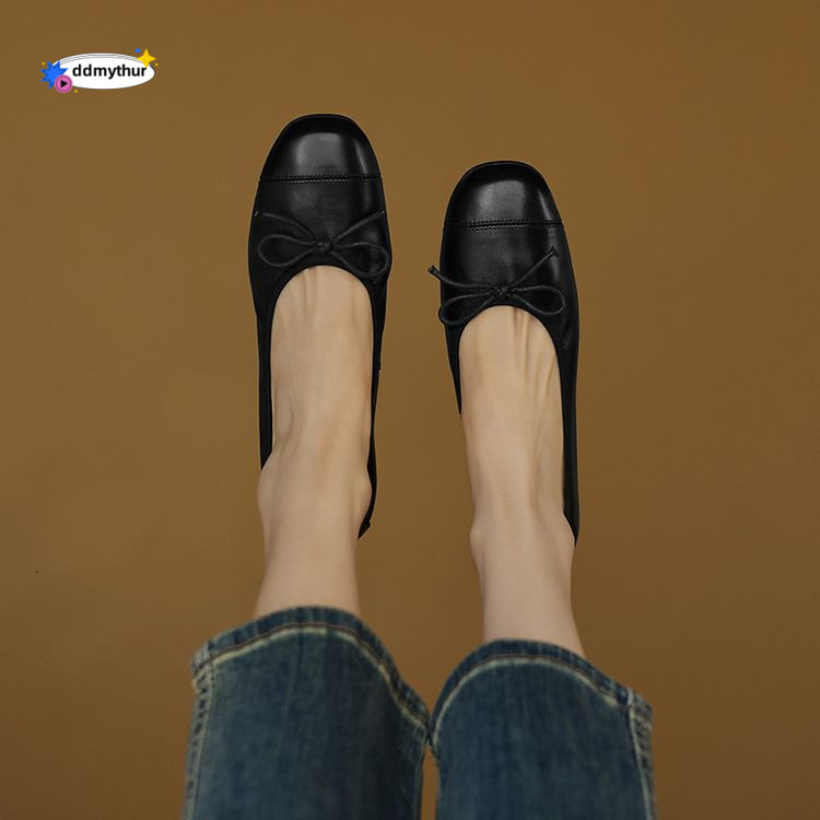 Cowhide Version ~ Shallow Mouth Single for Women, Flat Versatile Bowknot Evening Shoes, Ultra Soft Egg Roll Ballet Shoes ddmythur