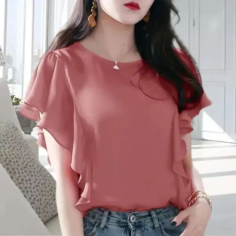 Woman Top Chiffon Ruffle Shirts Blouses for Women with Short Sleeve Frill Korean Reviews Clothes Fashion 2025 Elegant Chic New