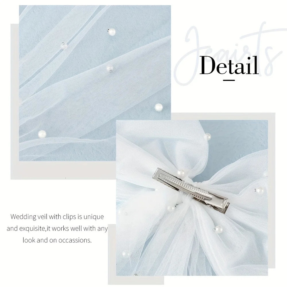 Elegant Bridal Bow Veil with Pearls White Tulle Clip-on Wedding Accessories 250610