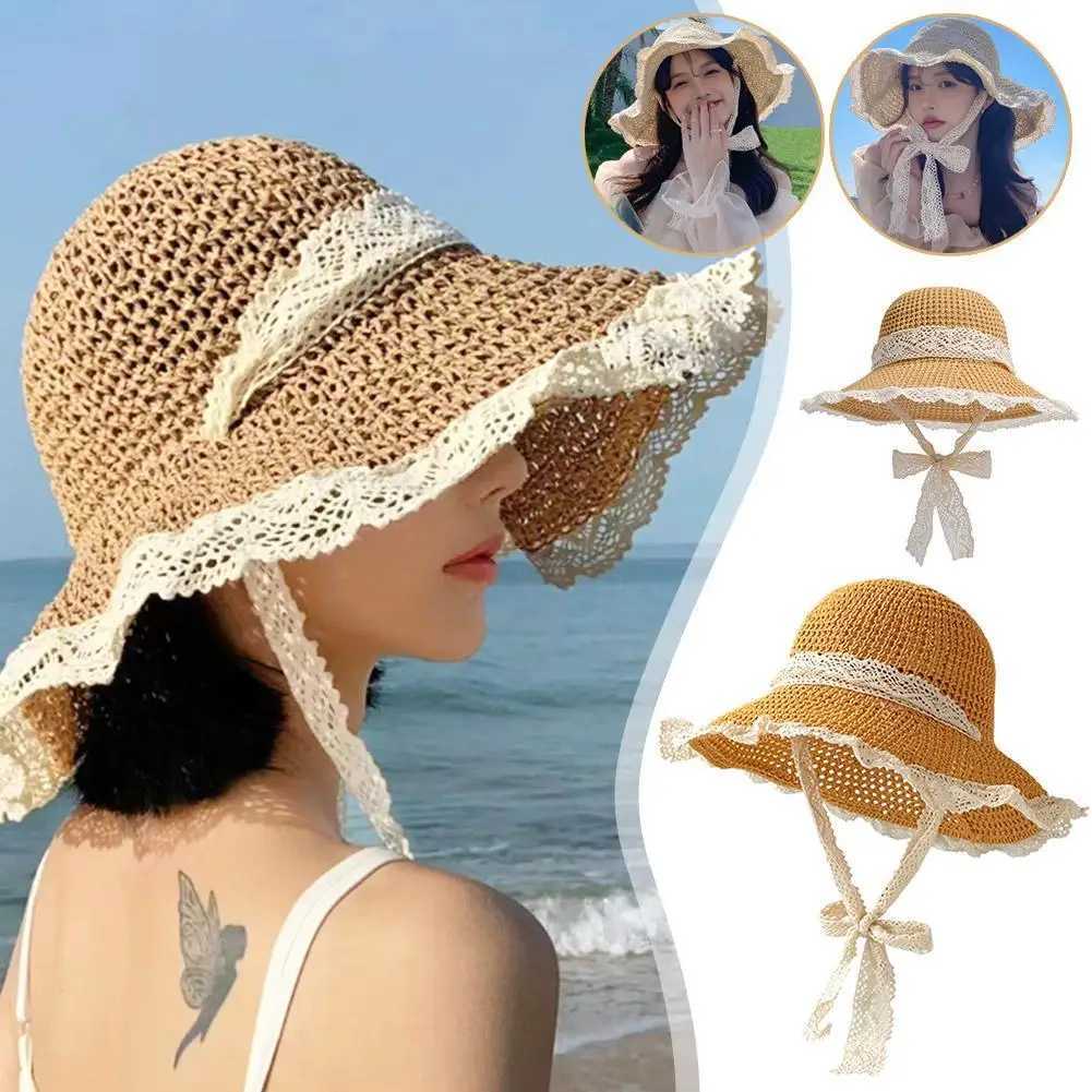 New Arrival Summer Womens Lace Straw Beach Hat Foldable Sun Hat with Wide Brim Fresh Stylish Sunblock Shade Hat Perfect for Travel Holiday U250616