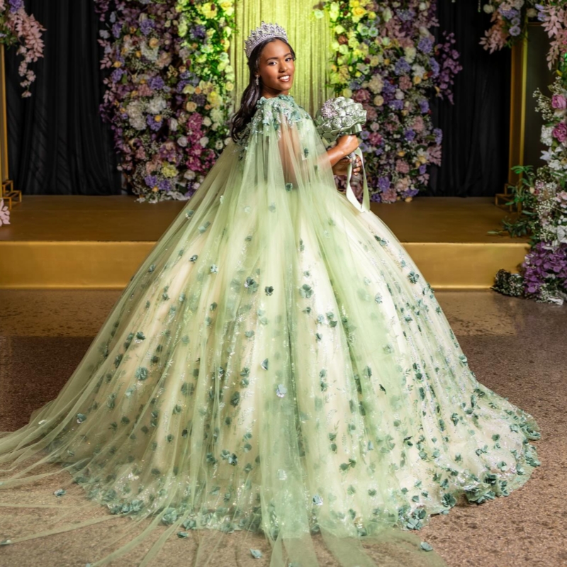 Green Quinceanera Dresses Ball Gown Off The Shoulder Sequin Applique Flower Beading Crystal With Cape Tull Sweet 16 Dress Vestidos 15 De Anos