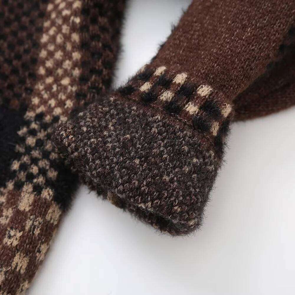 BMURHMZA Autumn/Winter New Product Women's Fashion Collar Long Sleeve Checkered Knitwear Cardigan Sweater Coat