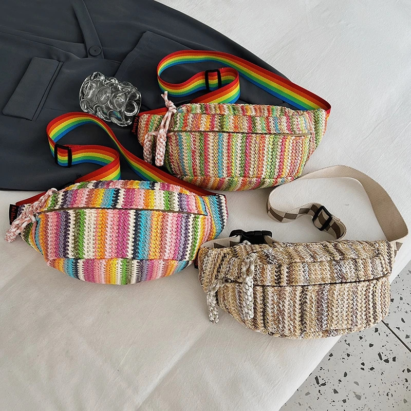Elegance Lady Fanny Pack Hand Woven Waist Bag Summer Female Belt Bags Rainbow Stripes Crossbody Chest Banana Packs 250612