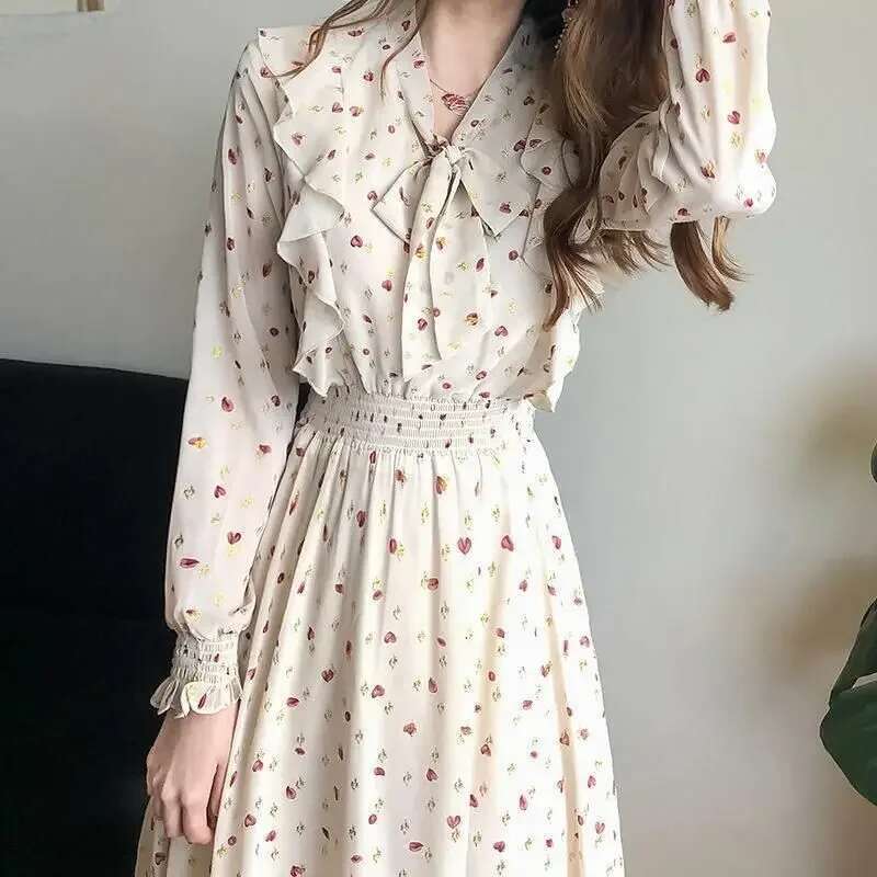 Bow A Line Woman Long Sleeve Dress Splicing Dresses for Women Loose Elegant Luxury On Sales Promotion Korean Fashion Pretty 2025