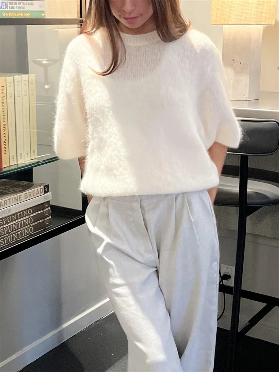 Womens Spring Autumn Knit Sweaters Half Sleeve O Neck Solid Color Casual Knitwear 250614