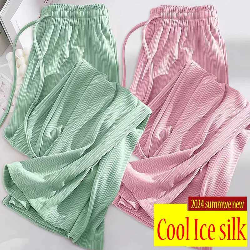 Summer Cool Ice Silk Straight Pants Women Fashion High Waist Wide Leg Trousers Fe Solid Sagging Feeling Baggy Casual PantsXJ250616