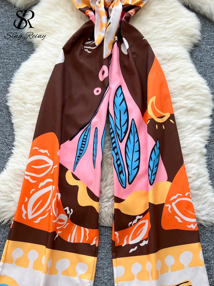 SINGREINY Holiday Casual Long Jumpsuits Female Strap Cross V Neck Ruched Slim Backless Playsuits Summer Beach Print Rompers 250612