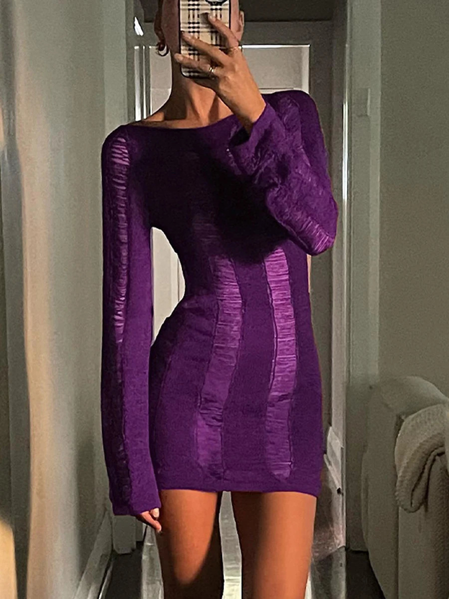 Puloru Sexy Knitted Cutout Short Dress Spring Summer Backless Long Sleeve Round Neck Wrapped Mini Dresses Streetwear Solid 250614