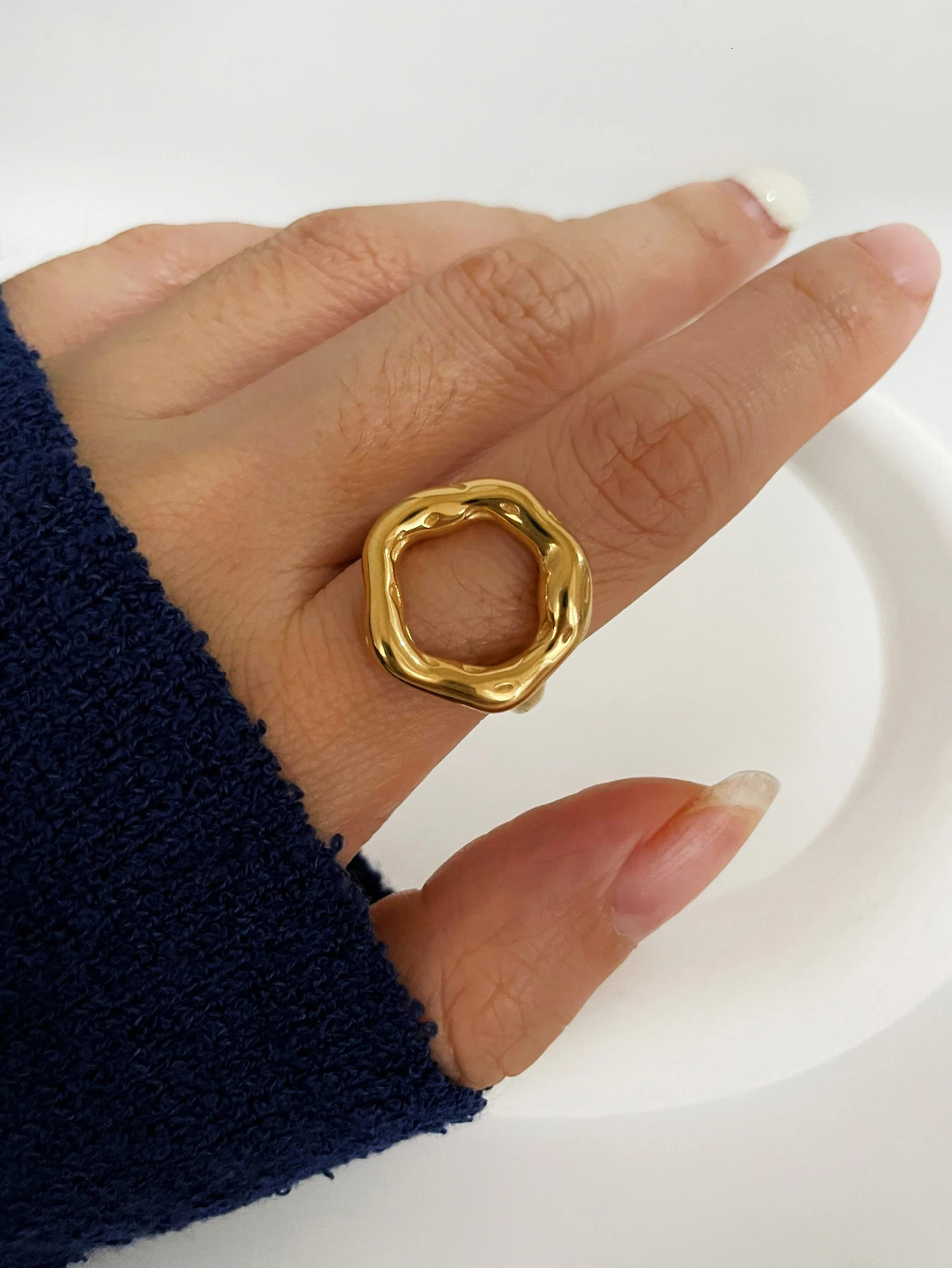 GHIDBK Vintage 18K Gold Plated Irregular Circle Melted Texture Detail Rings For Women Stainless Steel Waterproof Fashion Jewelry 250610