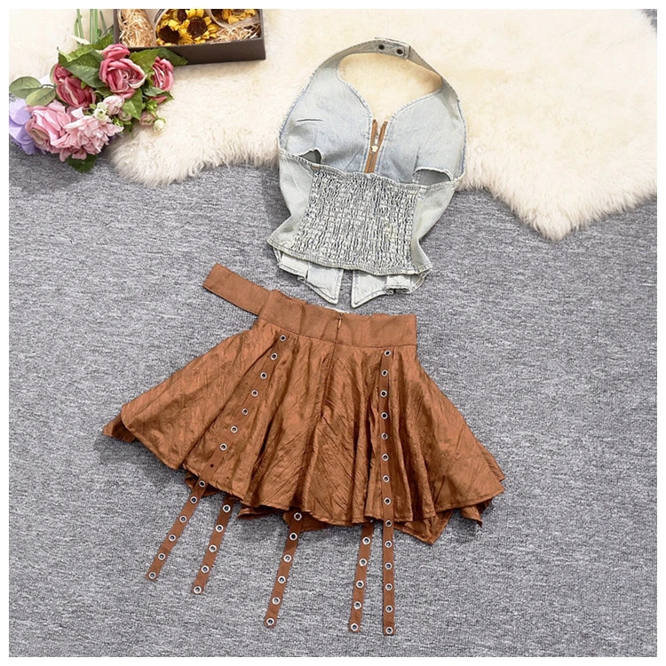 Y2K Halter Denim Crop Top with Rivets Irregular Brown Mini Skirt Set Women Streetwear Grunge Two Piece Outfit Festival Fashion 250614