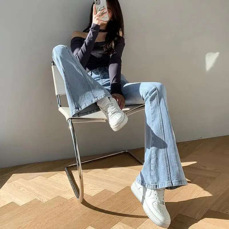 Womens Jeans Flare Trousers Flared Woman Pants Bell Bottom Blue with Pockets High Waist Shot Harajuku Fashion Chic and Elegant A