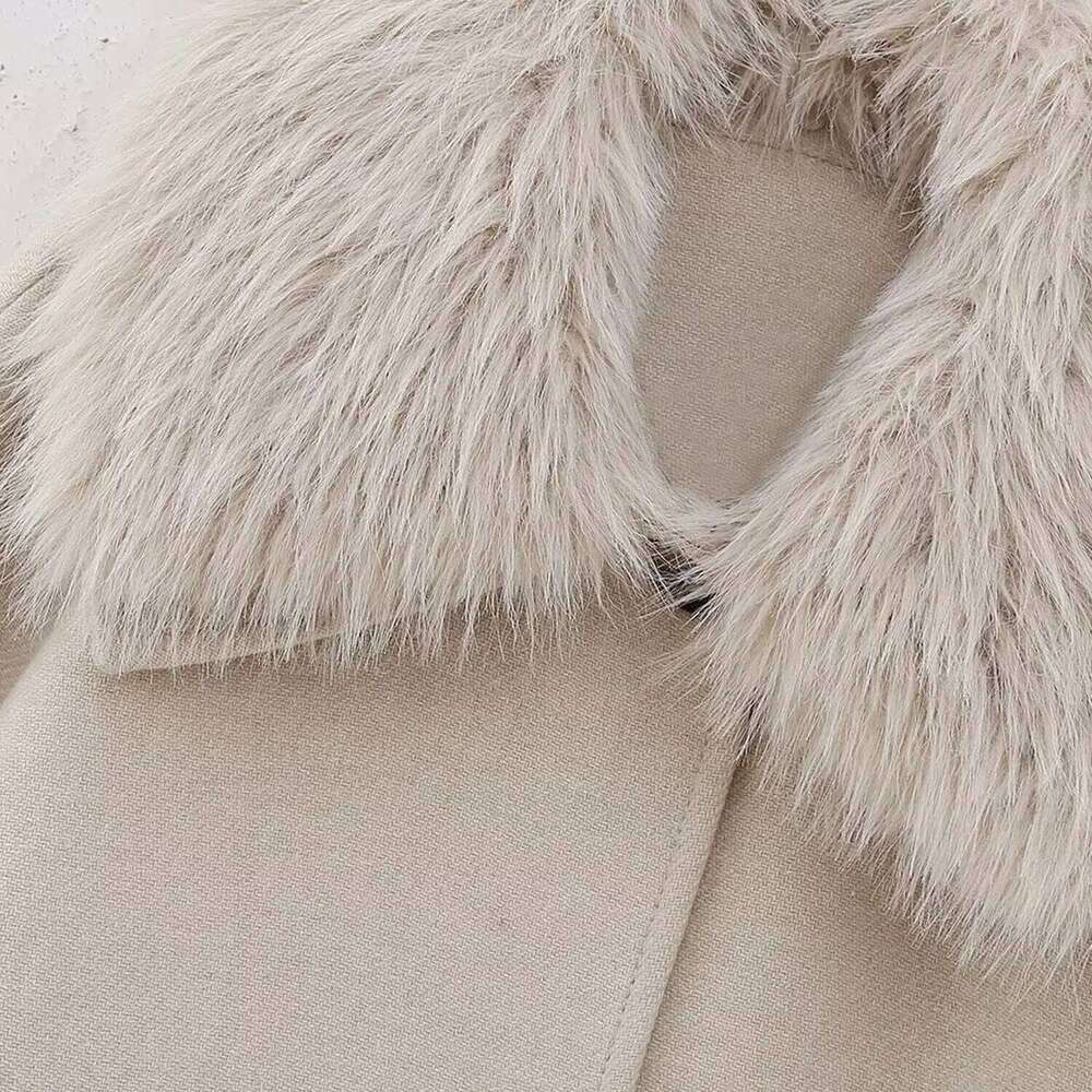 PB&ZA women's 2024 autumn and winter new khaki coat detachable fur collar raglan sleeves single breasted mid length jacket