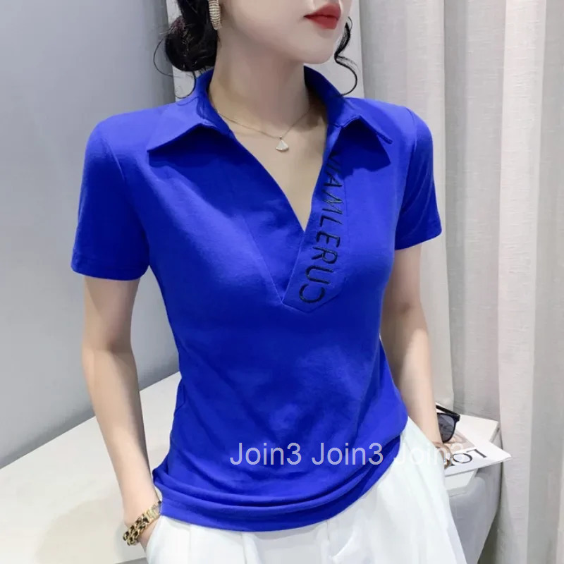 Polo Neck Shirt for Women Embroidery Baggy Plain Woman T Casual Tops Korean Clothing Luxury Basic High Quality Synthetic New
