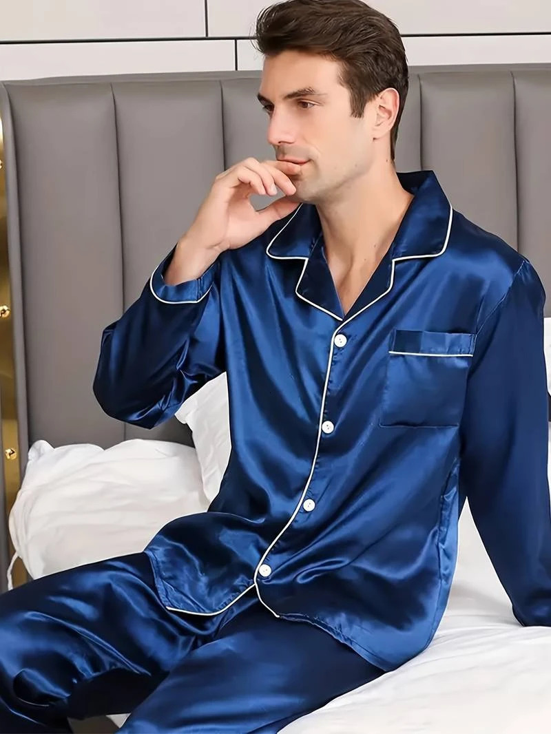 Mens Cozy Solid Pajama Set Short Sleeve Front Buttons Lapel Top And Pants Smooth Shiny Texture For Summer Sleepwear Loungewear 250614