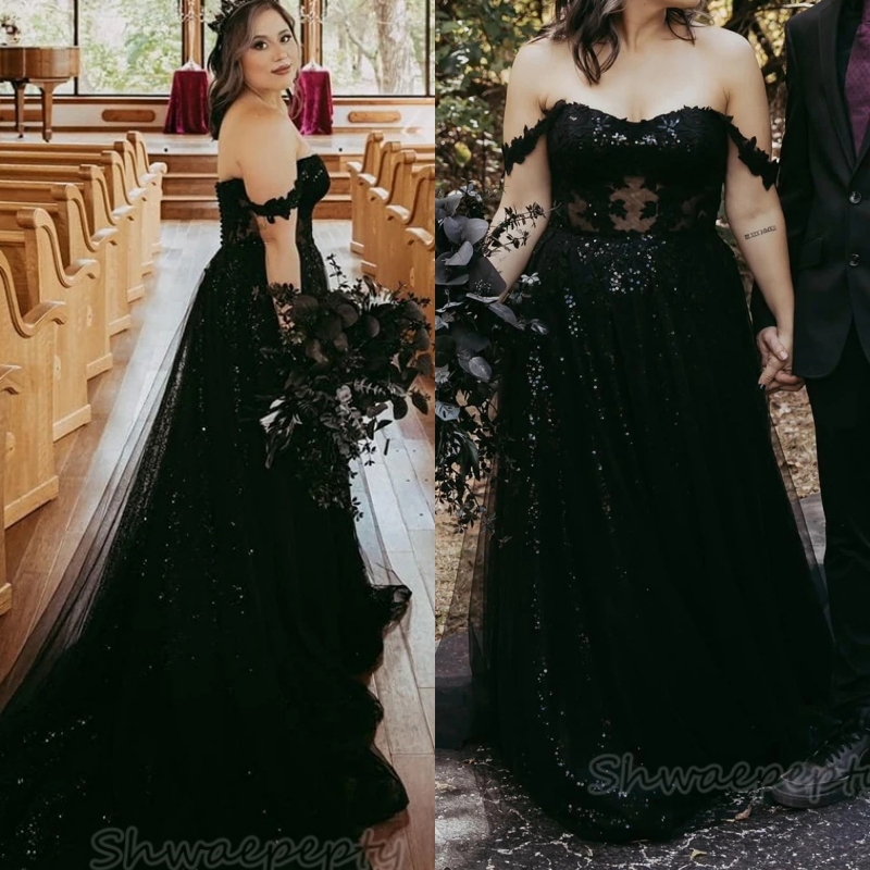 Black Sequined Gothic Wedding Dress Off-Shoulder Lace Appliques A-Line Long Bridal Gown Sweetheart Sleeveless Garden Vestido De Novia