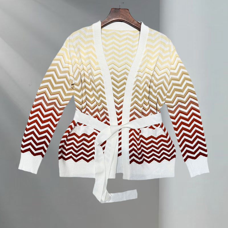 Women's Ombre Herringbone Pattern Cardigan Two Colors Fashion Runway Tie-Waist V-Neck Long Sleeve High-Quality Loungewear Designer Classic Clothe