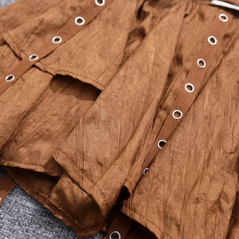 Y2K Halter Denim Crop Top with Rivets Irregular Brown Mini Skirt Set Women Streetwear Grunge Two Piece Outfit Festival Fashion 250614