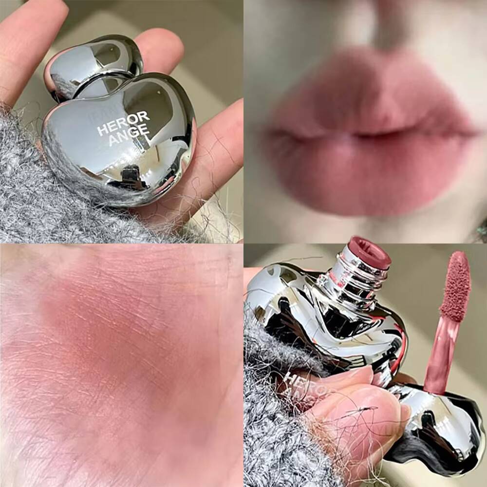 Peach Heart Silky Matte Lipgloss&Blush Low-saturation Gray Pink Liquid Lipstick Waterproof Non-Stick Cup No Fade Lip Tint Makeup happy