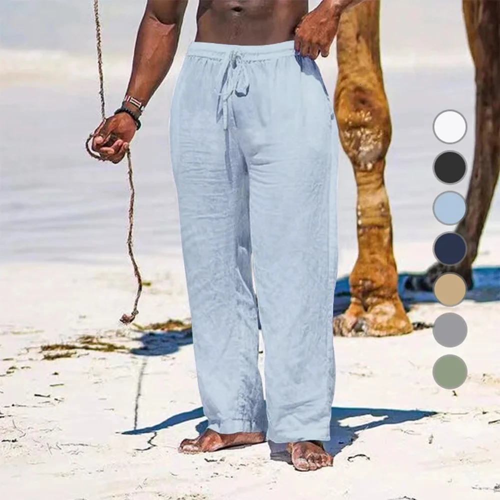 Mens Cotton Linen Pants Loose Cool Casual Long Pants Elastic Waist Long Pant Casual Large Size Streetwear Lightweight Trousers 250614