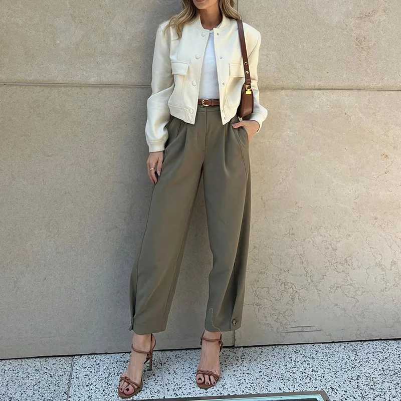 BAMBOOBOY Women Casual Office Lady Ankle Banded Pants Work Solid Color Tailored Draped Simple Ankle-Length Trousers with Pockets XJ250616