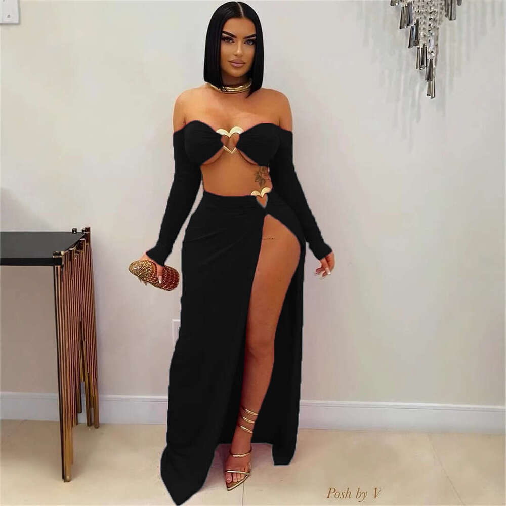 New Solid Color Sleeve Sexy Short Crop Top With Split Long Skirt Set For Women B5