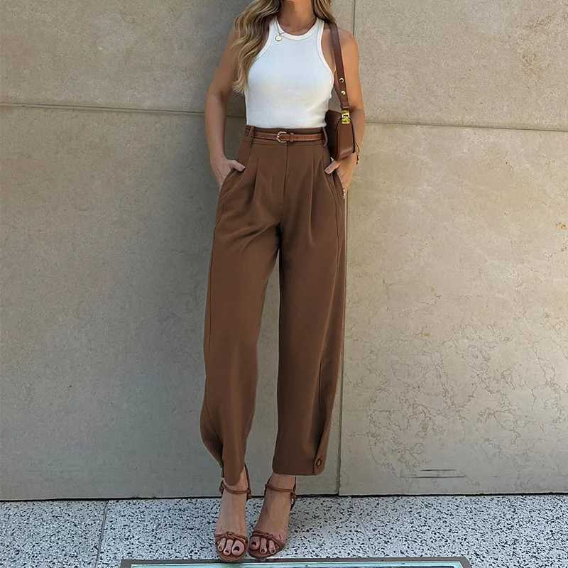 BAMBOOBOY Women Casual Office Lady Ankle Banded Pants Work Solid Color Tailored Draped Simple Ankle-Length Trousers with Pockets XJ250616