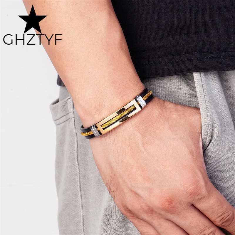 Golden Chain Stainless Steel for Men Women Teens Black Rubber Belt Wristband Cuff Bangle Male Hand Jewelry Gifts Z250616