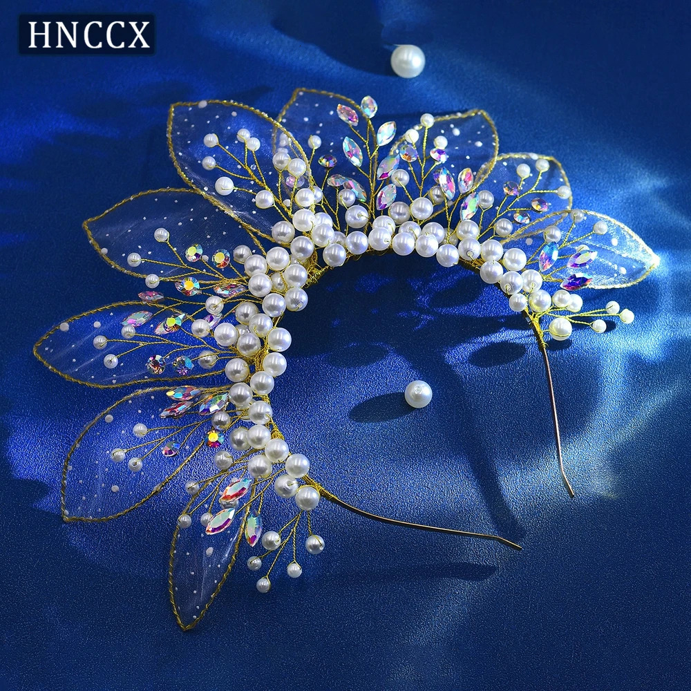 HNCCX Wedding Faux Pearl Hair Hoop Bridal Colorful Rhinestone Headband Bride Headdress Organza Leaf Headwear For Women CP670 250610