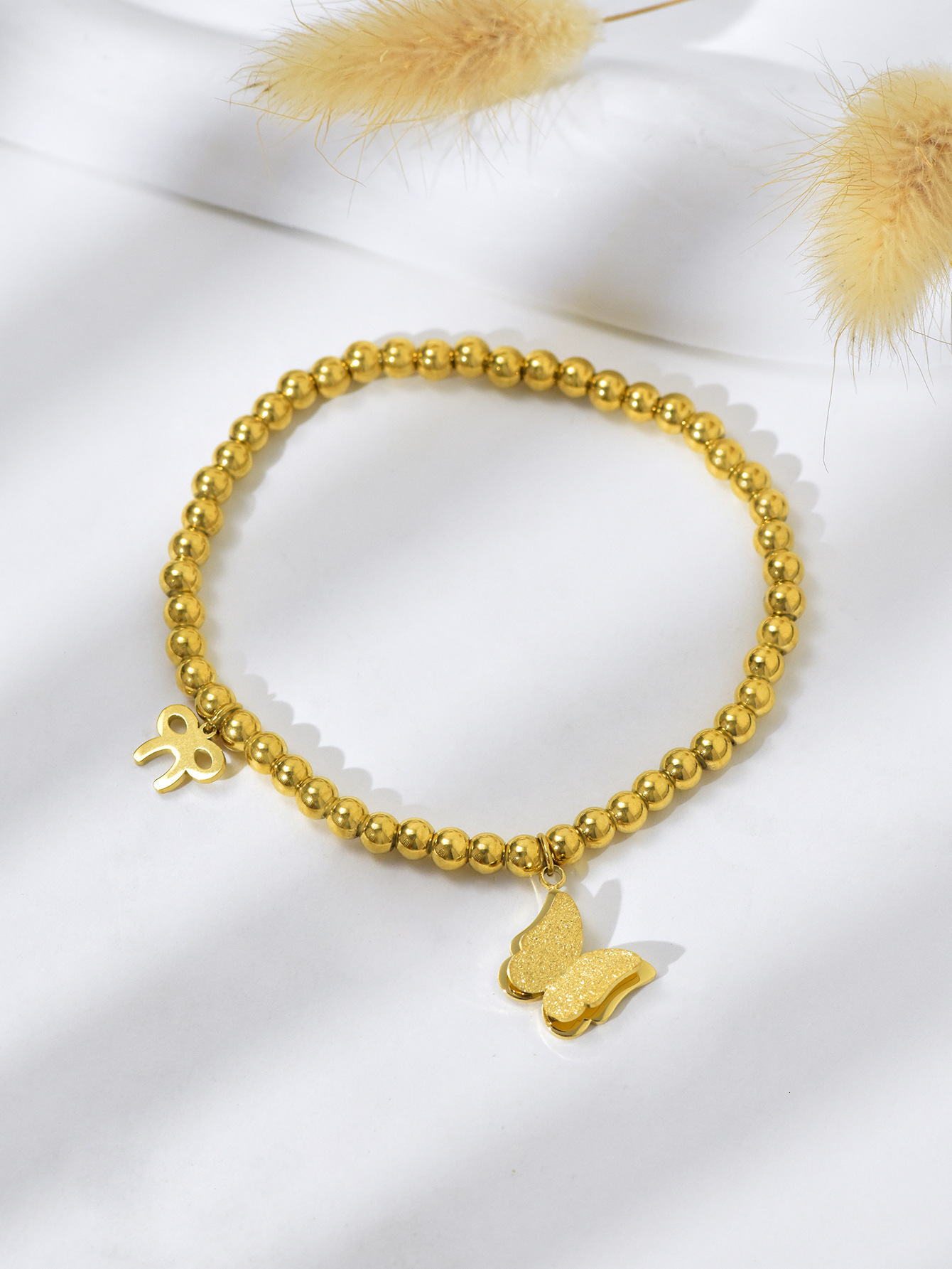 Light Style Gold Round Bead Butterfly Bracelet for Women, Stainless Unique and Versatile, Exquisite Titanium Steel, Non-Fading Jewelry