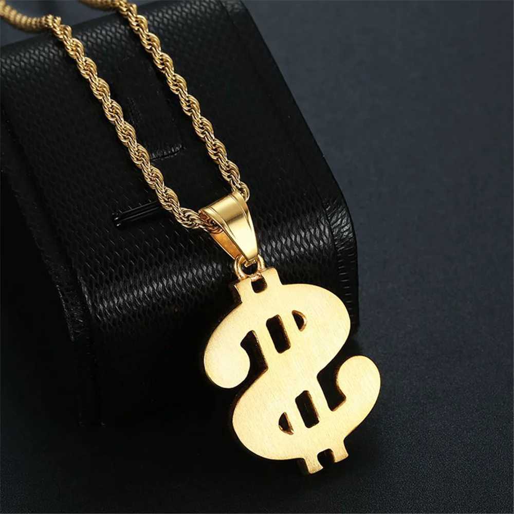 New Arrival Mens Hip Hop Rapper Gold Color Iced Out Bling Dollar Sign Pendant Stainless Steel Money Necklaces With Rope Chain Jewelry V250616