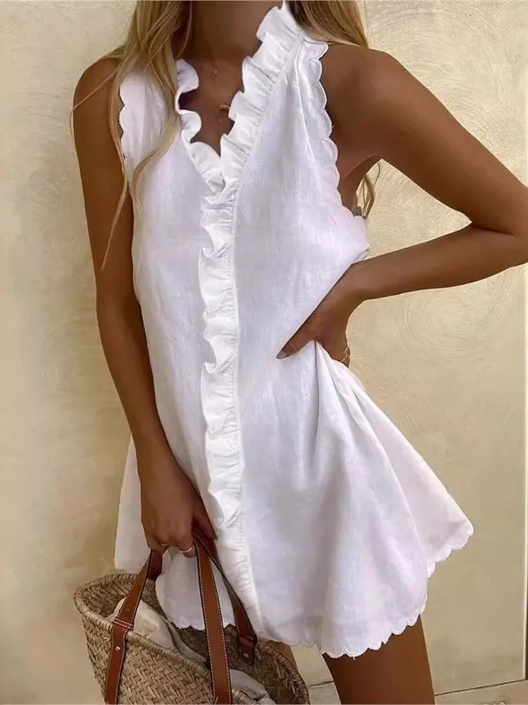 Women Casual Cotton And Linen White Dress Summer V Neck Ruffles Sleeveless Elegant Boho Beach Party Mini Dresses Female Robe 250614
