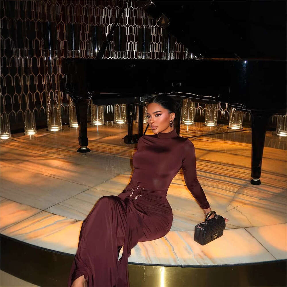 New Fashionable Elegant Metal Design Solid Color Slim Fit Sexy Bodycon Long Dress For Women B5